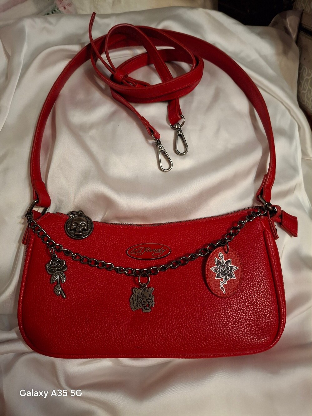 Ed Hardy Red leather Baguette shoulder bag with crossbody strap